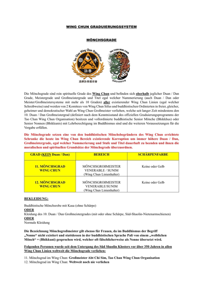 Wing Chun Mönchsgrade